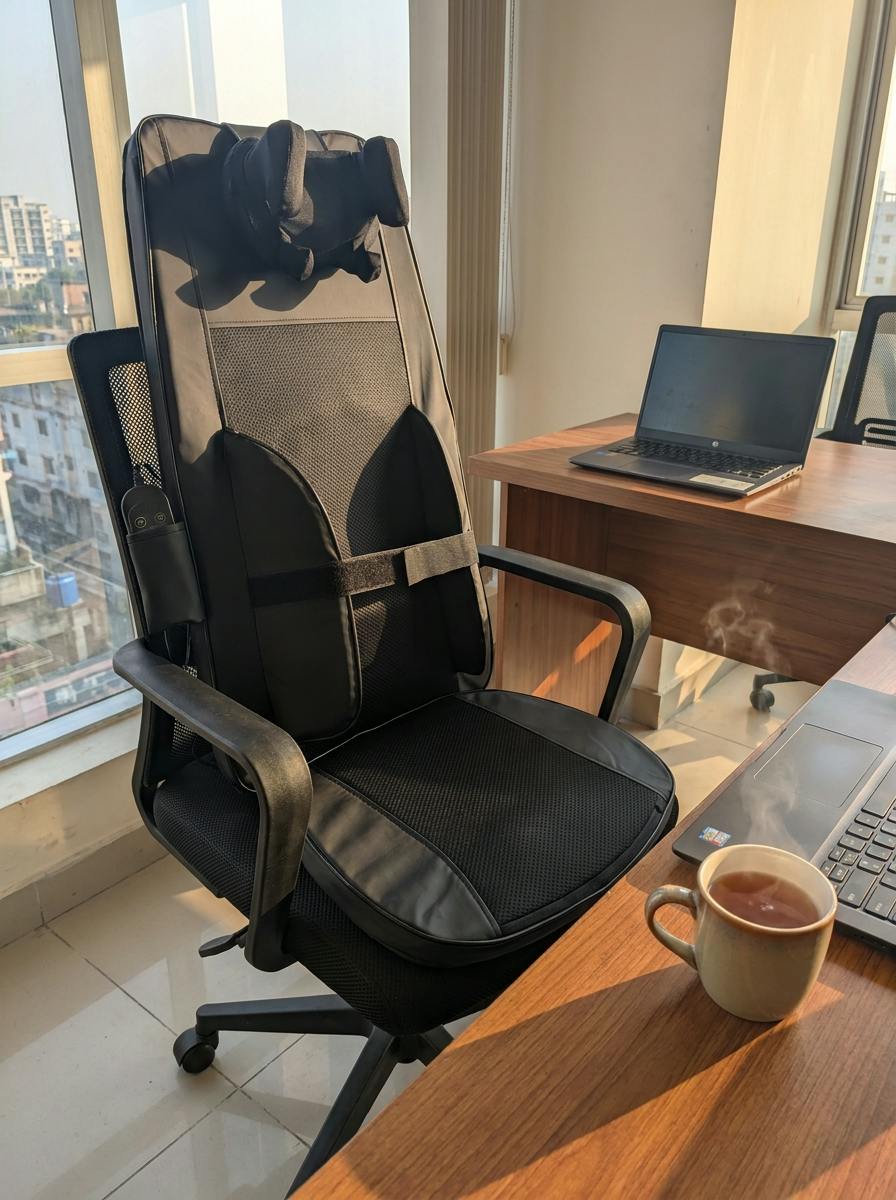 The Notte strapped to a black mesh office chair at a desk with a laptop and tea