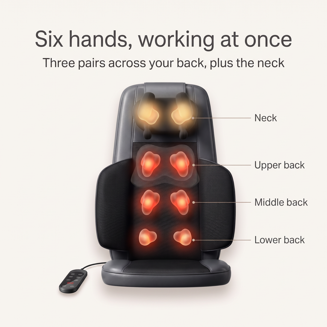 Six hands, working at once: three pairs across the upper, middle and lower back, plus the neck