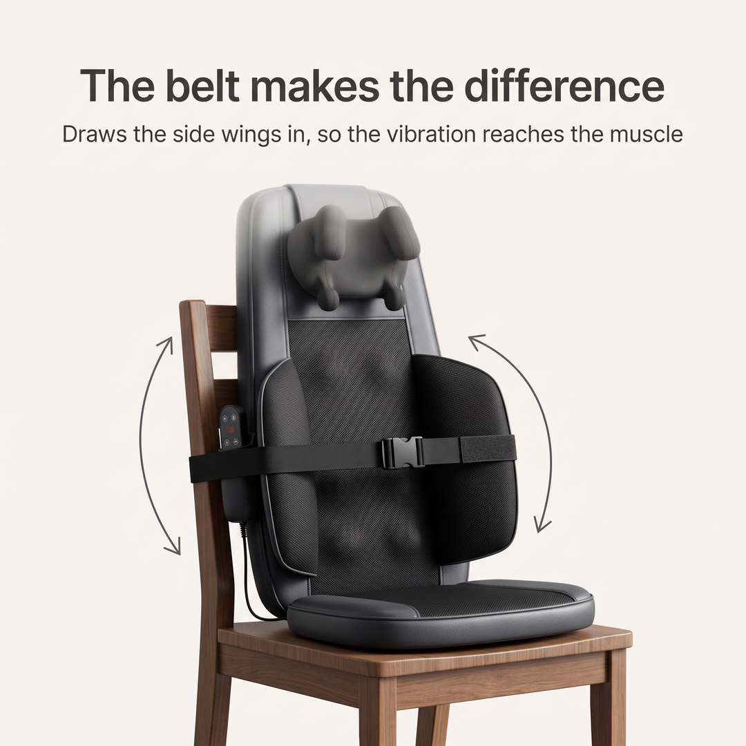 The included belt draws the side wings in so the vibration reaches the muscle