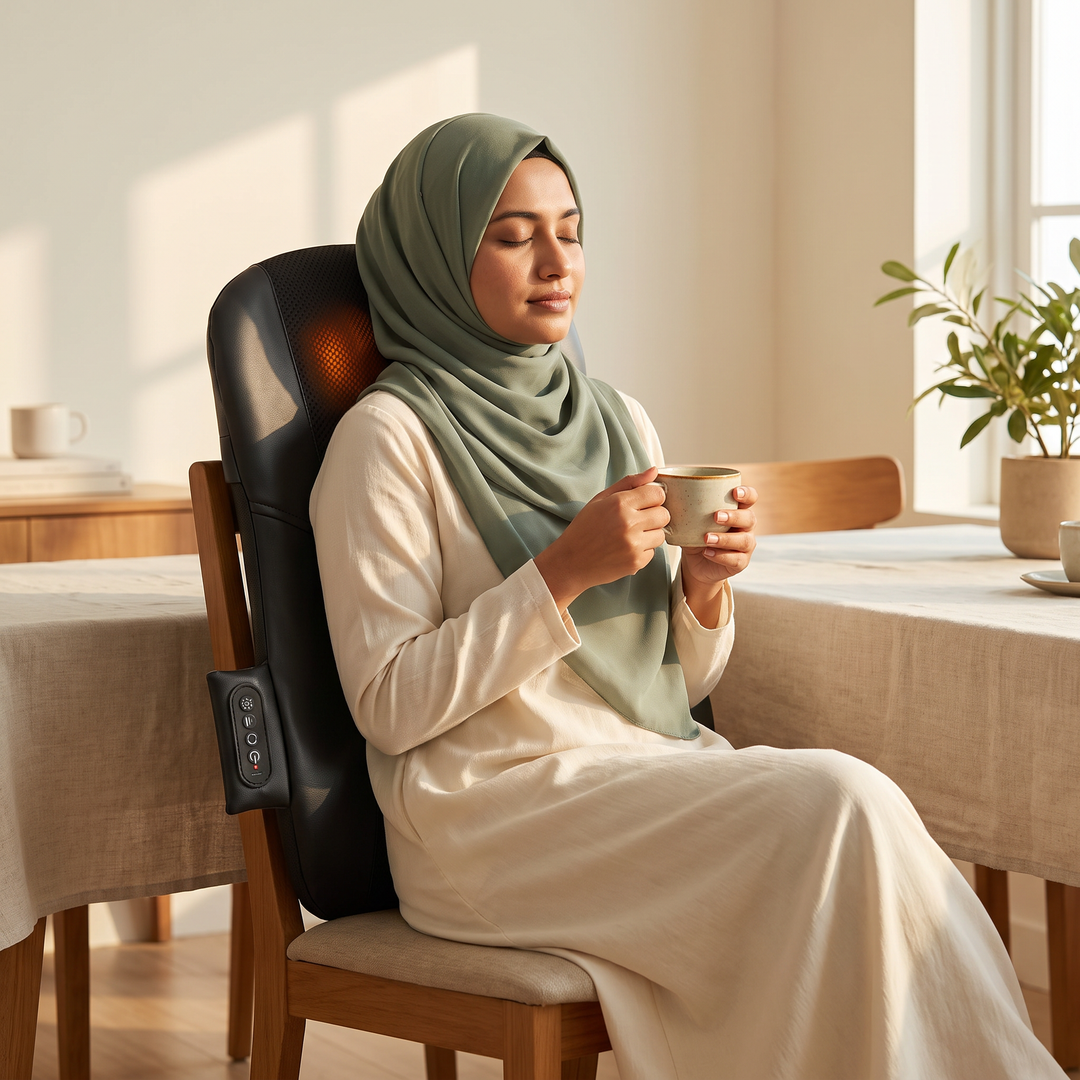 A woman in a sage hijab holding tea on a dining chair fitted with The Dorso