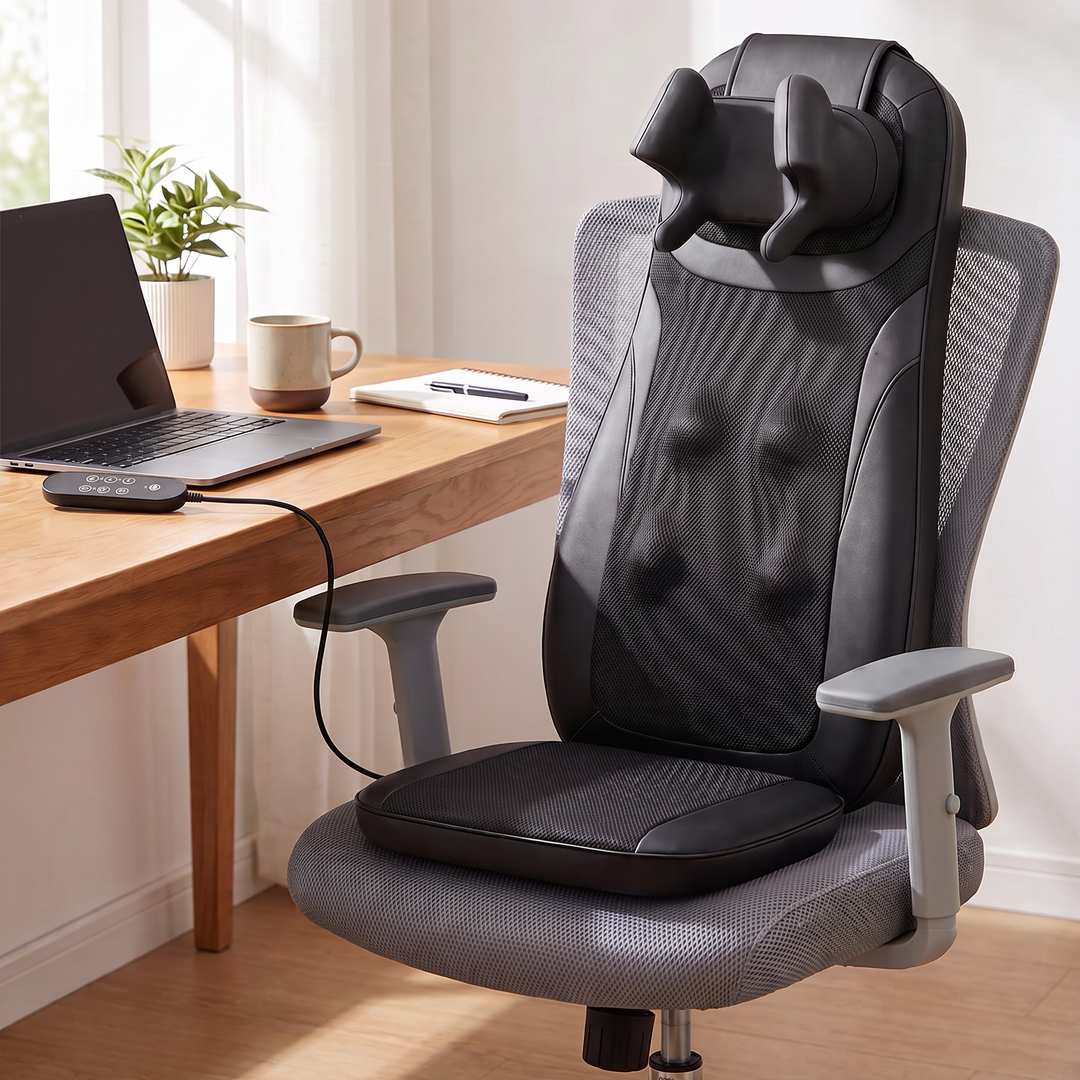 The Sereno Lite resting on a mesh office chair at a home-office desk