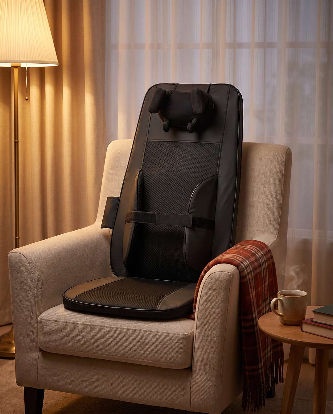 The Notte on a beige armchair in a warm evening living room with a cup of tea