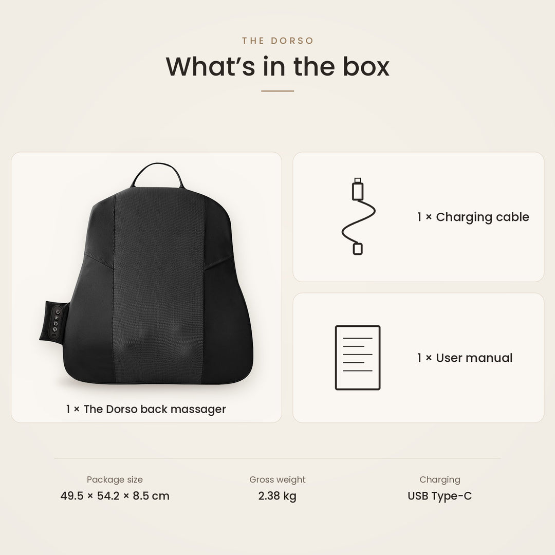 Box contents graphic for The Dorso back massager showing the black back massager, a charging cable, a user manual, and package dimensions and weight on a light beige background.