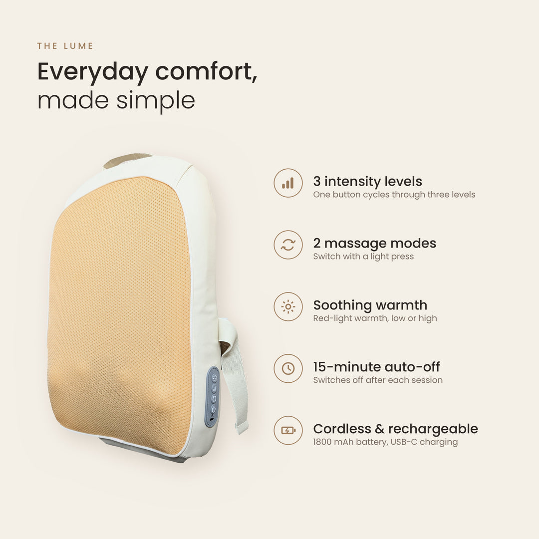 The Lume electric back massager in a warm beige and white color scheme, shown on a light beige background with product feature callouts.