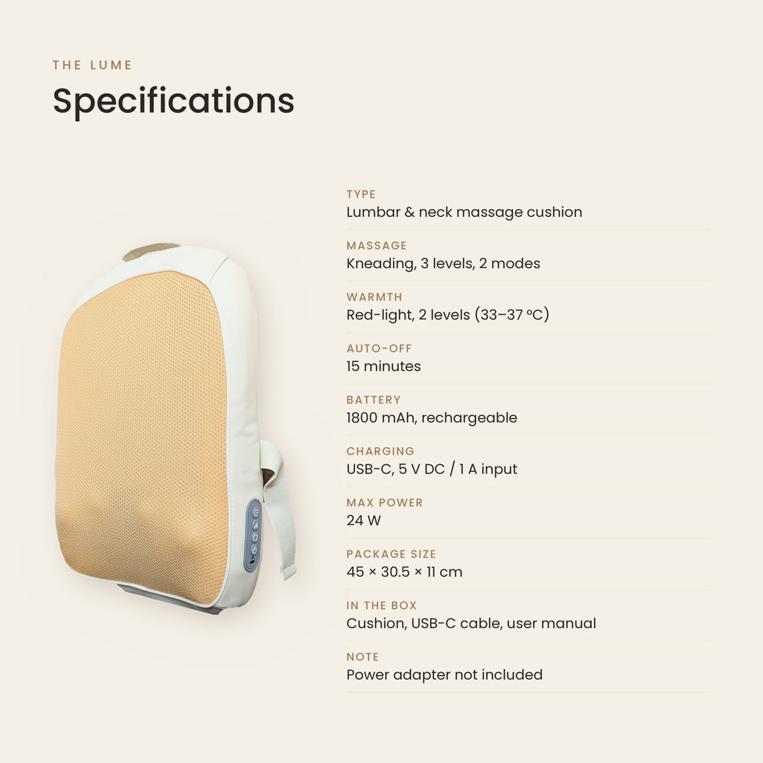 Specifications sheet for The Lume Lumbar & neck massage cushion, showing a beige and white cushion on the left and a list of product details on the right against a light beige background.