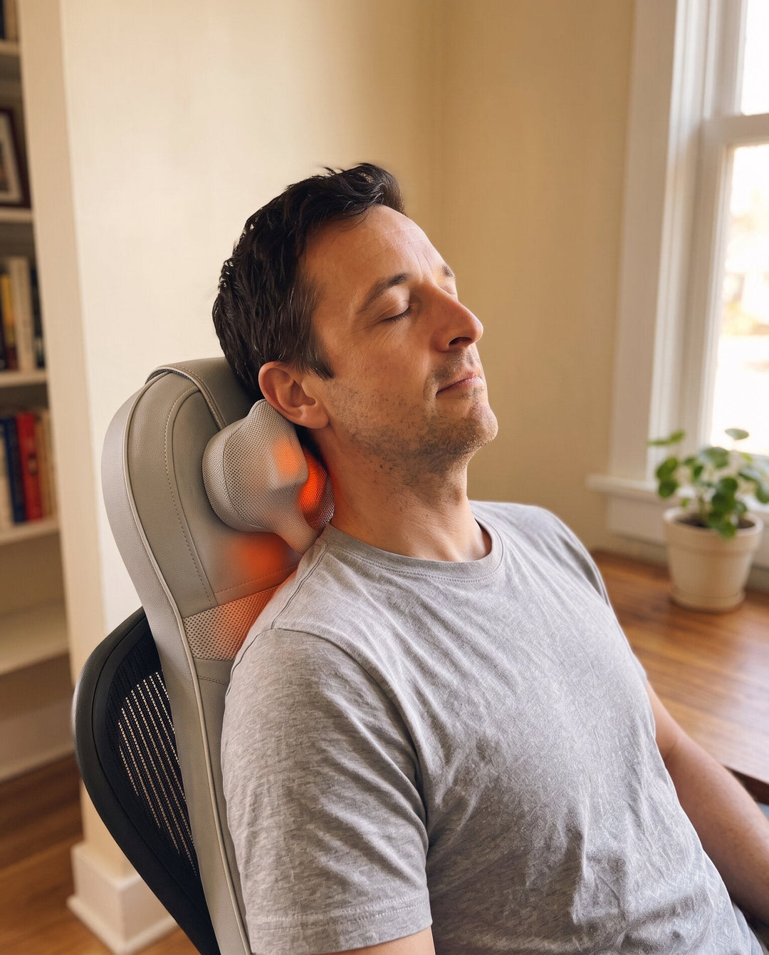 Man relaxing with The Sereno's neck kneading unit at his shoulders