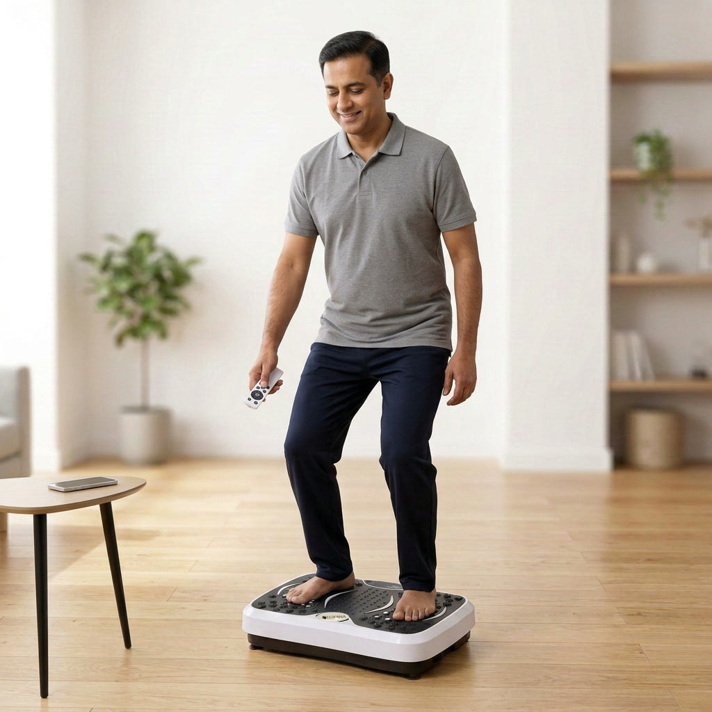 Man standing on The Vibra vibration plate holding the remote control