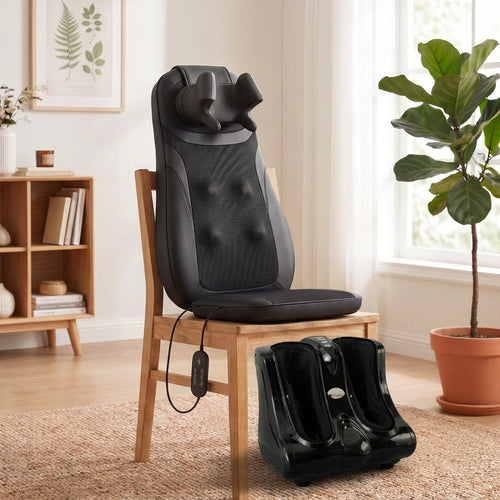 The Sereno Lite on a wooden chair with The Gamba on the rug in front