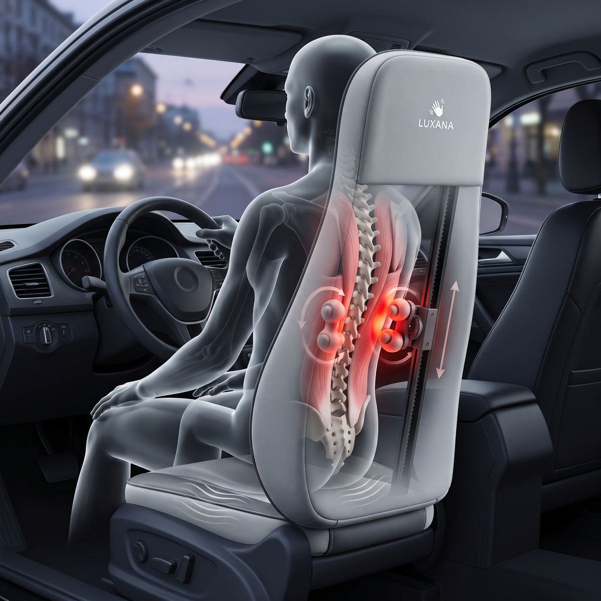 See-through view of The Sereno Drive in a car: shiatsu rollers kneading the driver's back muscles either side of the spine