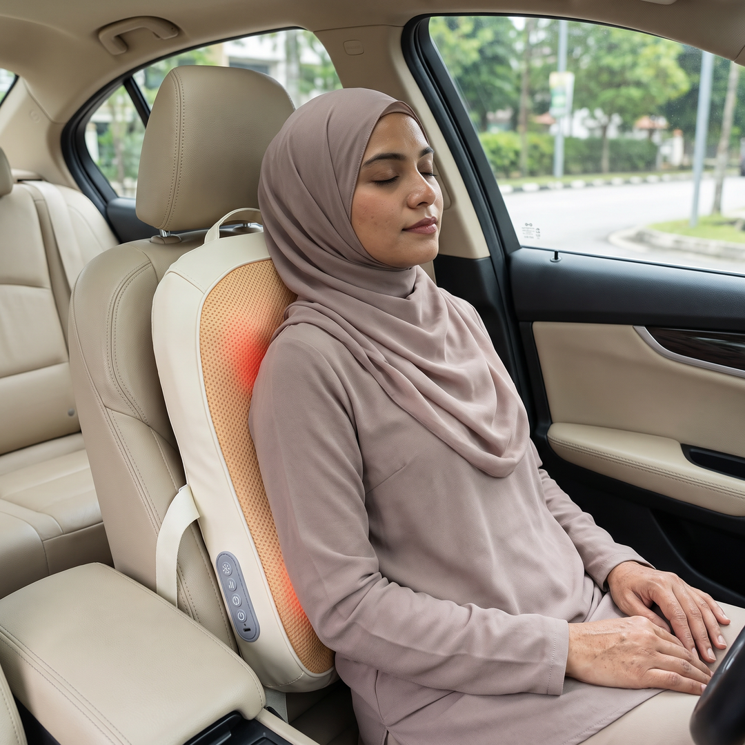 A woman in a hijab relaxing in a car's passenger seat with The Lume behind her lower back
