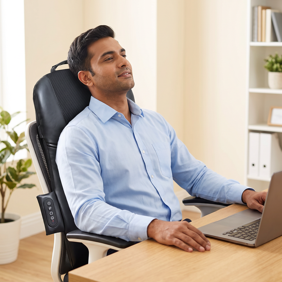 A man leaning back in his home-office chair with The Dorso fitted behind him