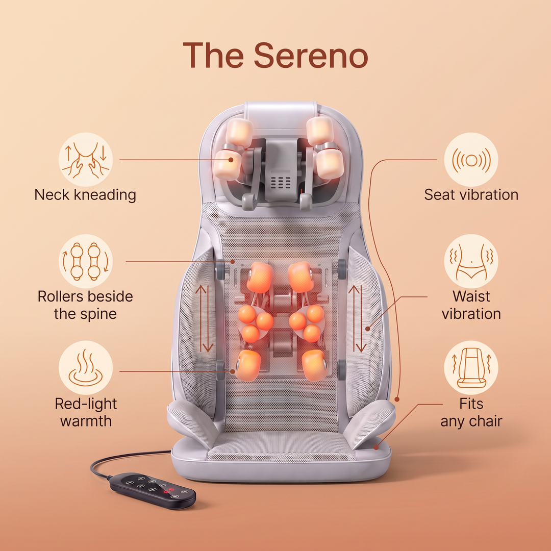 The Sereno: neck kneading, rollers beside the spine, red-light warmth, seat vibration, waist vibration, fits any chair