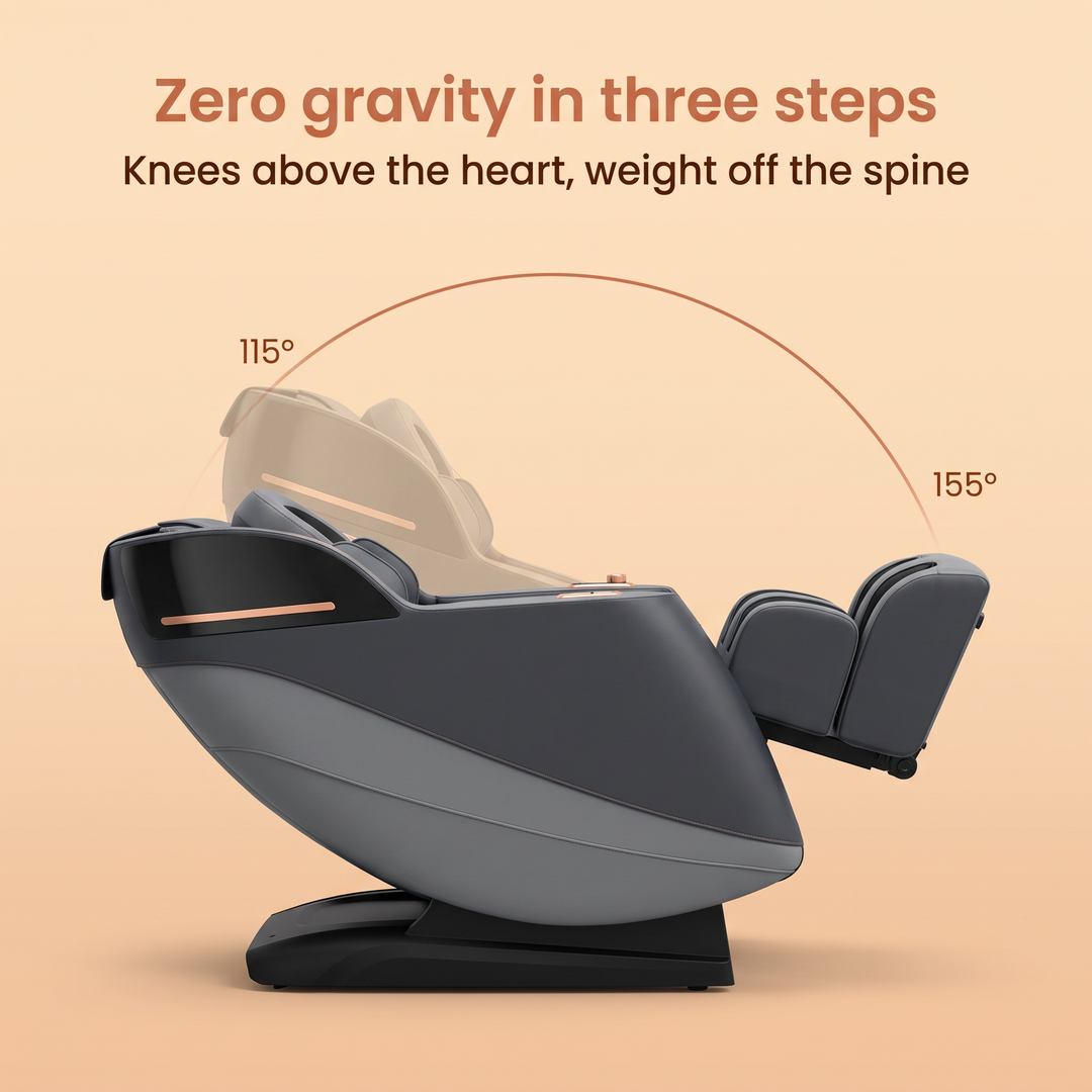 The Sospeso reclining from 115° to 155° — zero gravity in three steps, knees above the heart