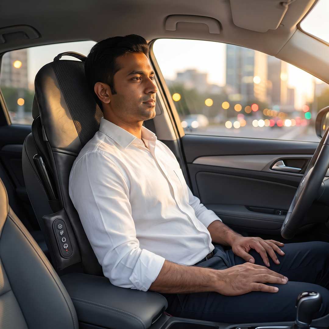 A man relaxing in a parked car's driver seat with The Dorso fitted behind him