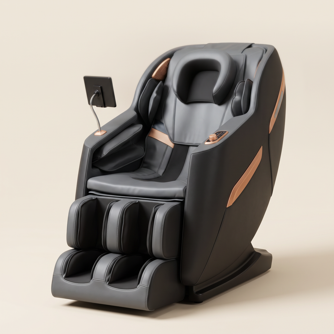 The Sospeso zero-gravity massage chair in charcoal grey with copper accents and swing-arm LCD screen, studio shot