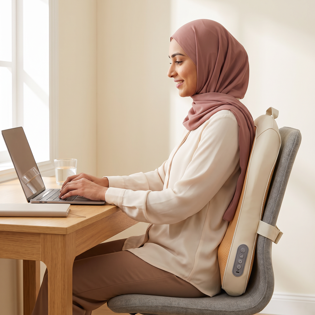 A woman in a hijab working at her home desk with The Lume behind her lower back