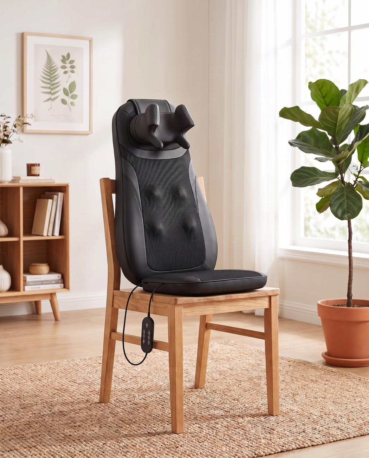 The Sereno Lite resting on a wooden chair beside a fiddle-leaf fig in a bright living room