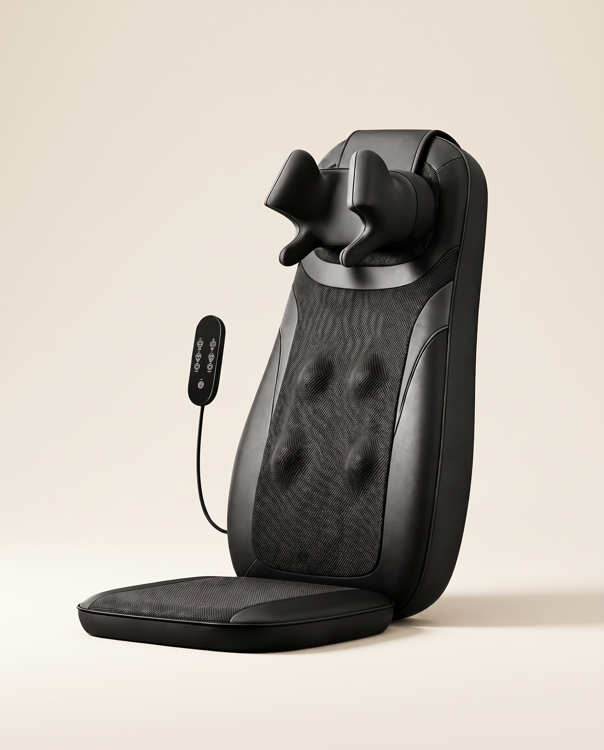 The Sereno Lite shiatsu back and seat massage cushion in matte black, studio shot on ivory