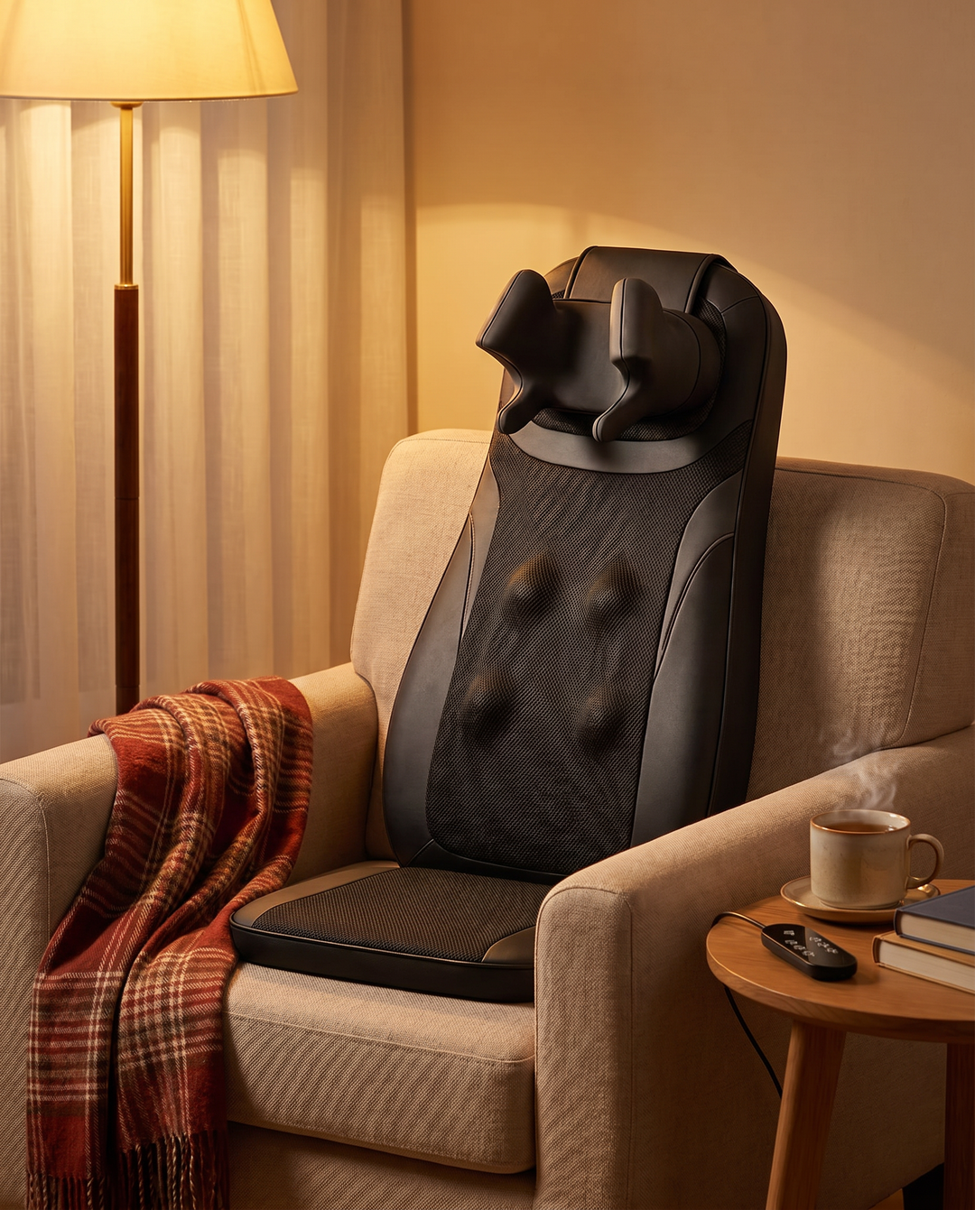 The Sereno Lite on an armchair in a warm evening living room with a cup of tea