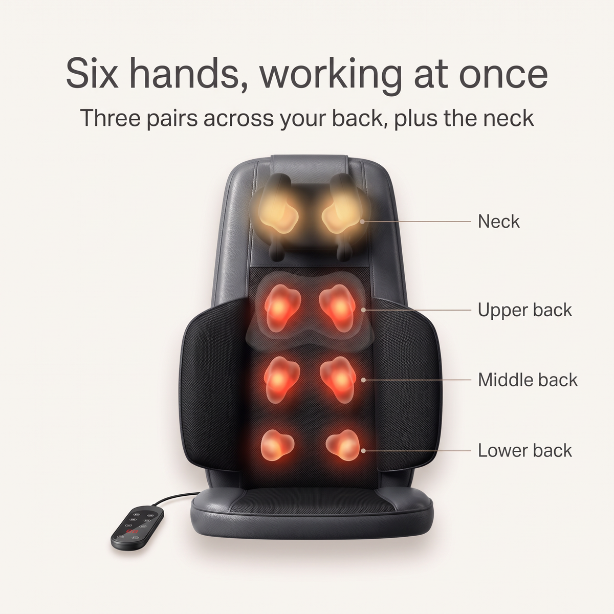 Six hands, working at once: three pairs across the upper, middle and lower back, plus the neck