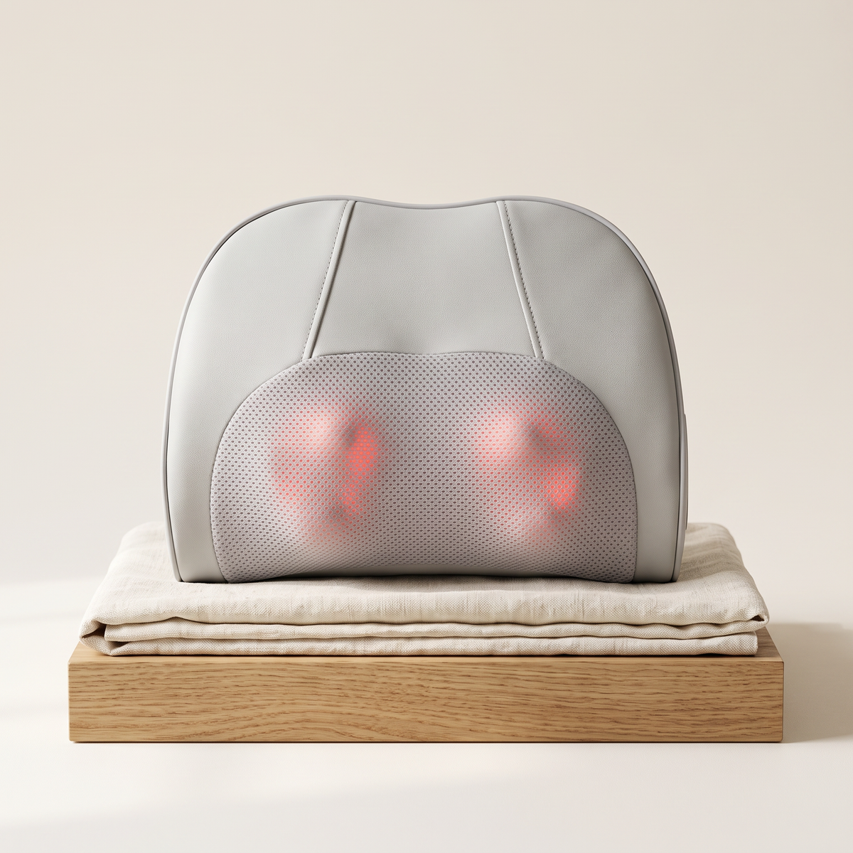 The Piuma rechargeable neck and back massage pillow in cloud grey, red-light warmth glowing through the mesh
