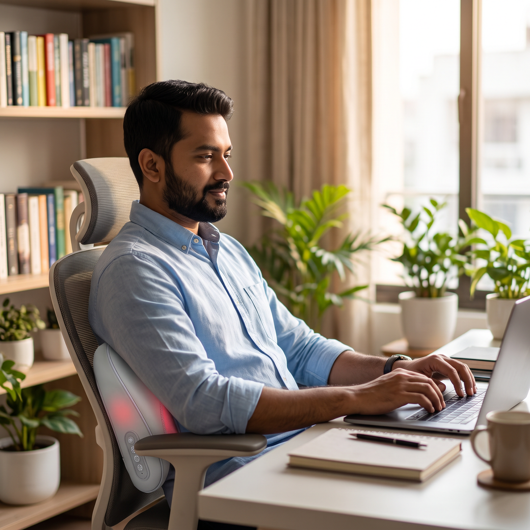 A man working at his desk with The Piuma behind his lower back