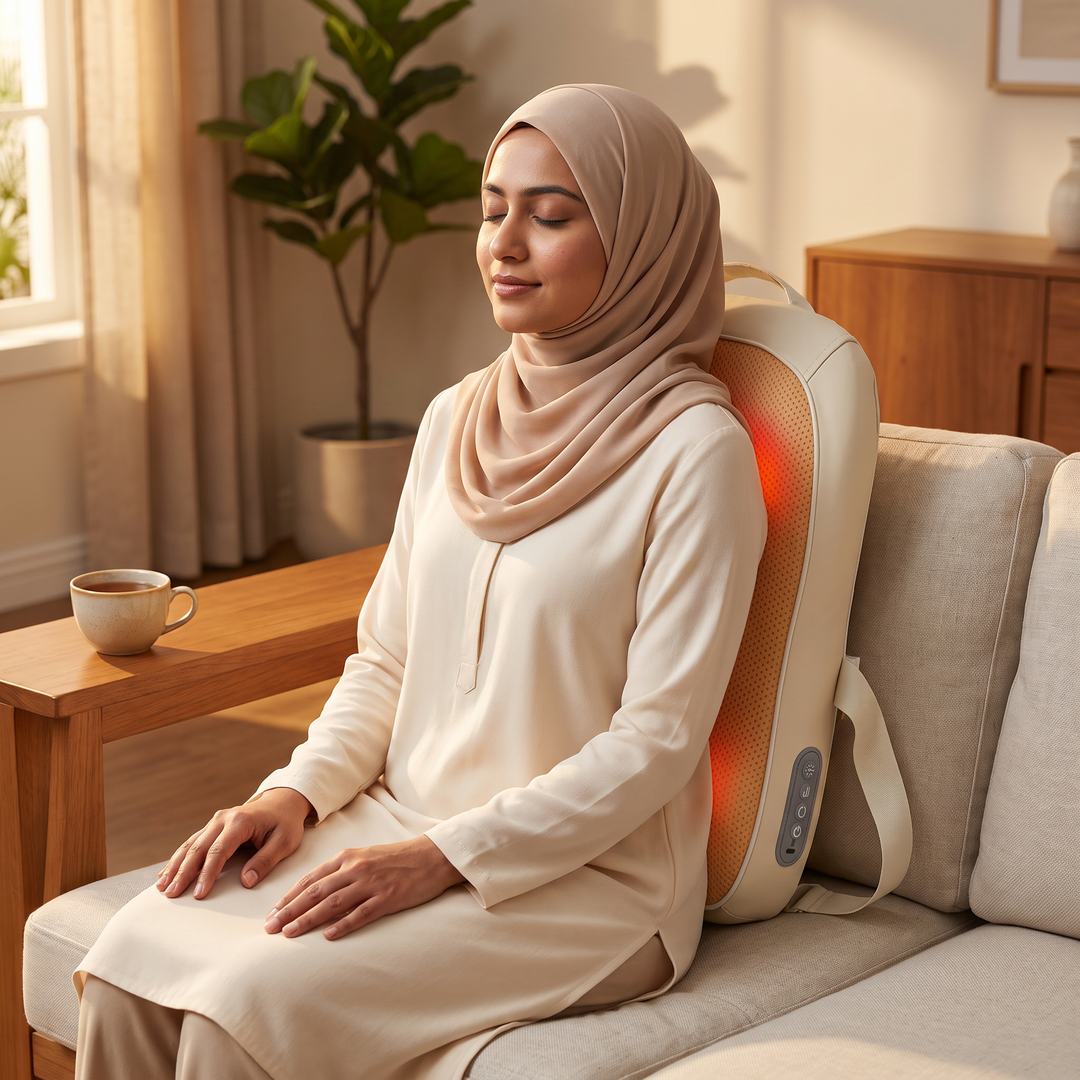 A woman in a beige hijab relaxing on a linen sofa with The Lume glowing behind her lower back