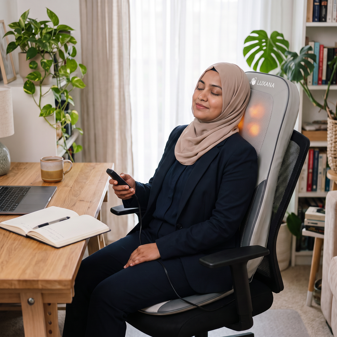 Woman relaxing on The Sereno Drive at a home-office desk