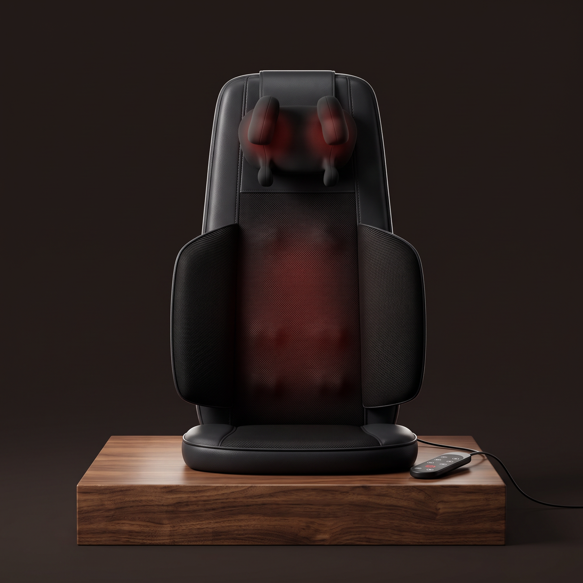 The Notte glowing on a walnut plinth with its remote, in a dark warm studio