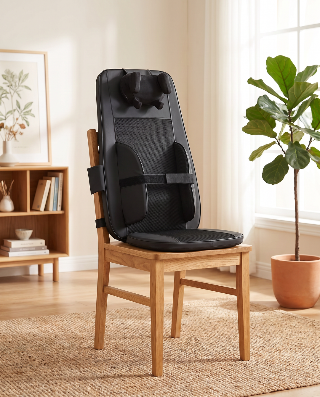 The Notte strapped to a wooden chair beside a fiddle-leaf fig in a bright living room