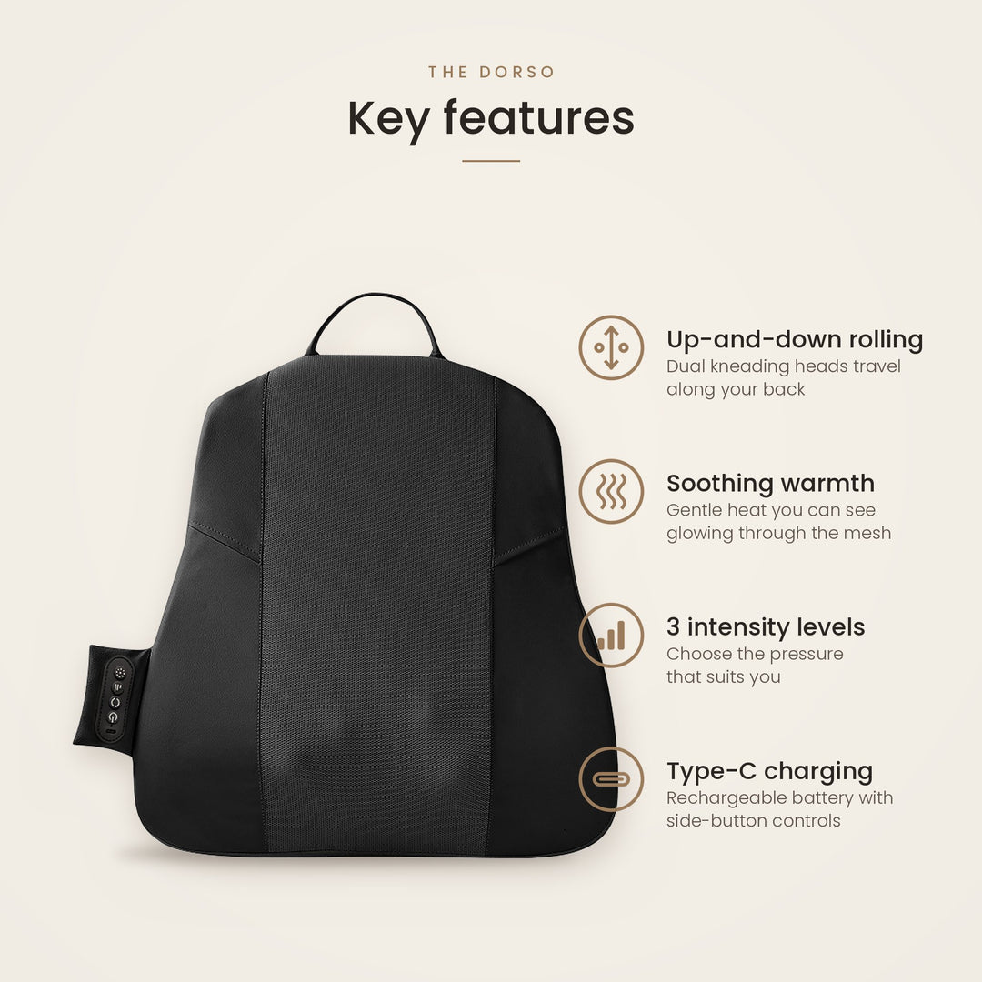 A black massage pillow shown on a light beige background with feature callouts reading 'Key features' and text about up-and-down rolling, soothing warmth, 3 intensity levels, and Type-C charging.
