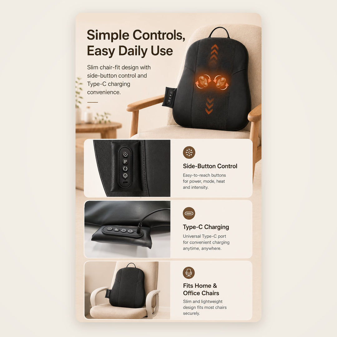 Promotional infographic for a black electric chair massage pillow, showing the product on a chair with text callouts for side-button control, Type-C charging, and fit in home and office chairs.