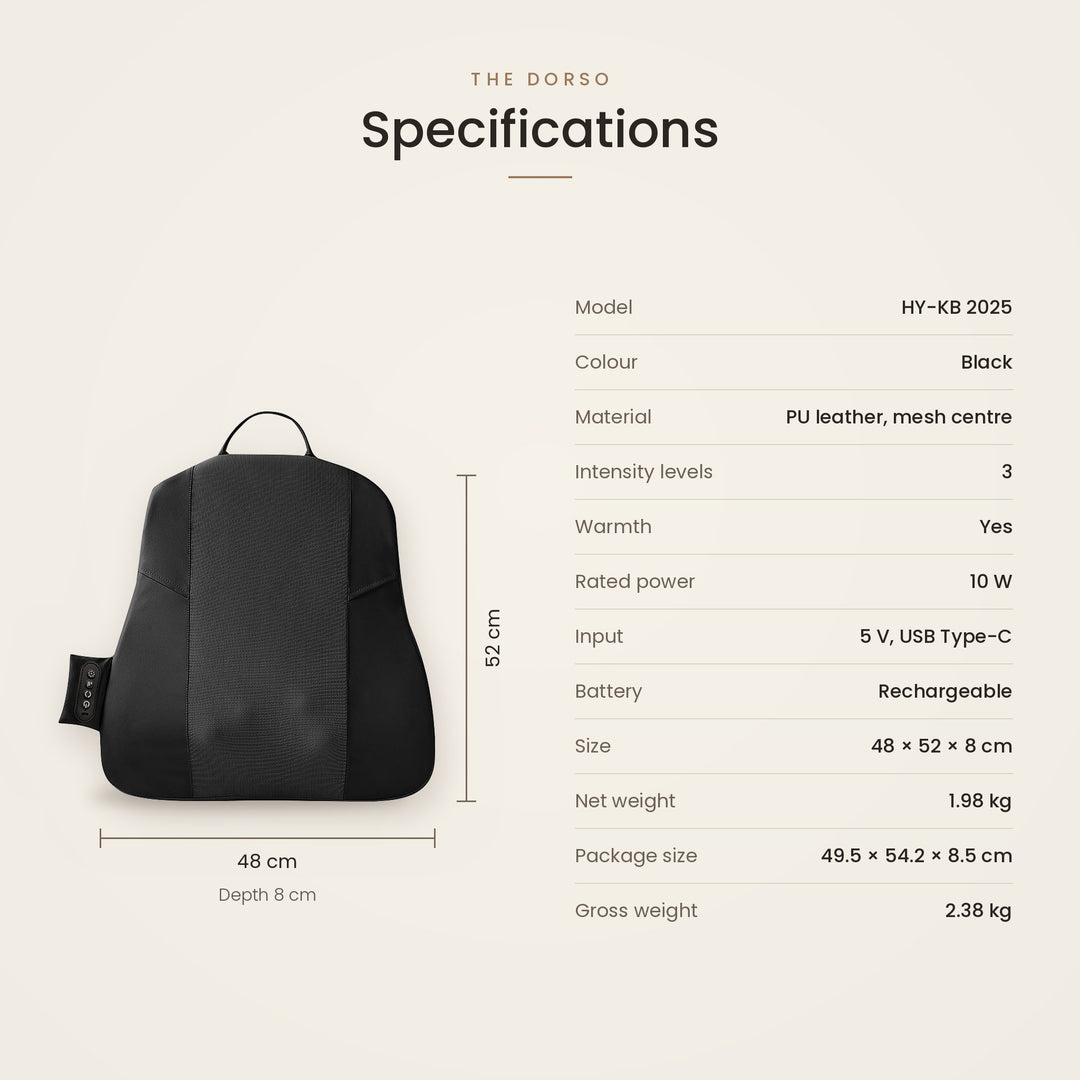 Specifications and dimensions graphic for a black electric pet booster pad, showing a side profile view with measurements for height, depth, and size, alongside a list of product details on a light beige background.