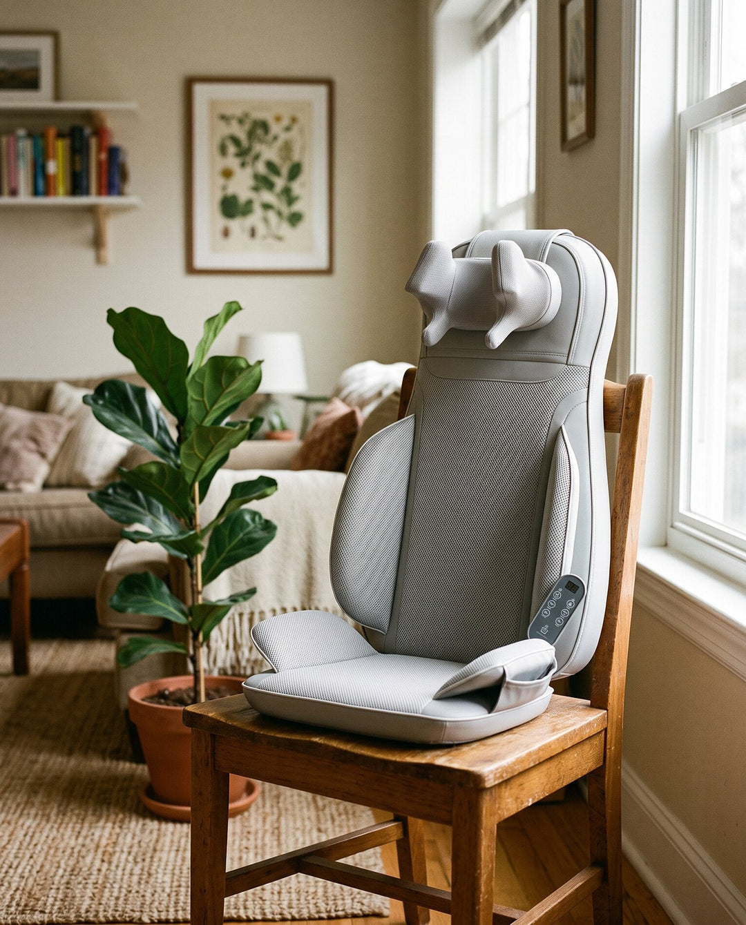 The Sereno resting on a wooden chair beside a houseplant